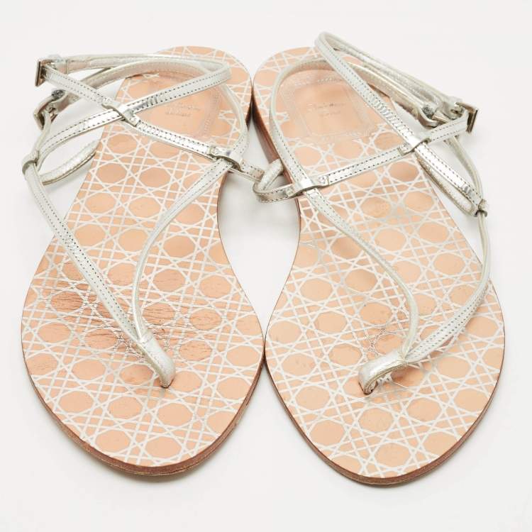 Pre Owned Dior Silver Leather Crystal Embellished Logo Thong Ankle Strap Flat Sandals Size 38