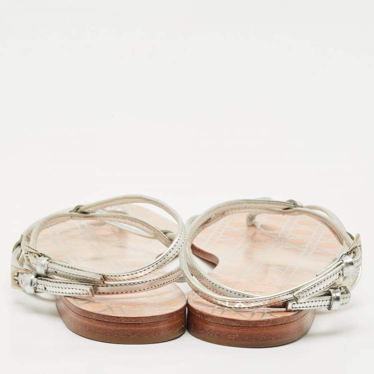 Pre Owned Dior Silver Leather Crystal Embellished Logo Thong Ankle Strap Flat Sandals Size 38