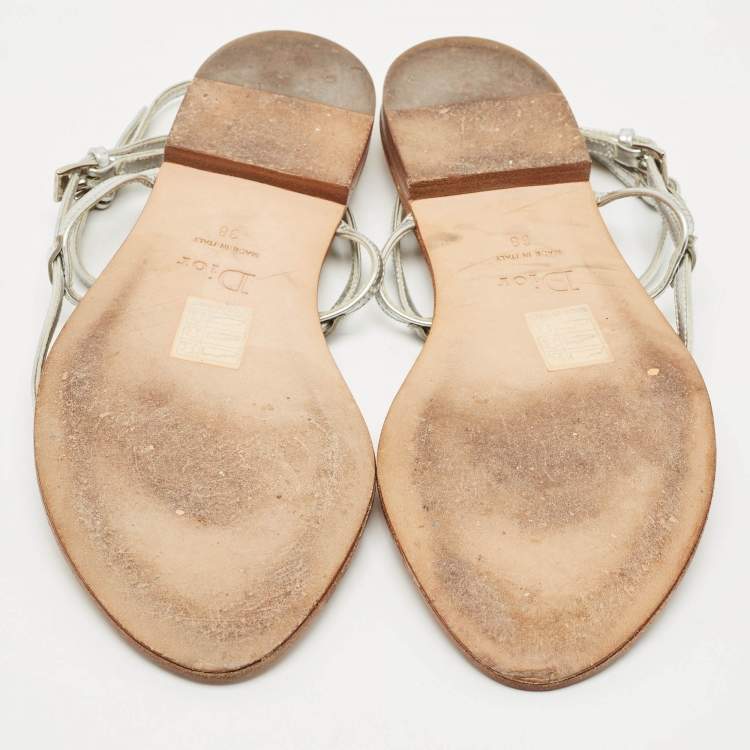 Pre Owned Dior Silver Leather Crystal Embellished Logo Thong Ankle Strap Flat Sandals Size 38