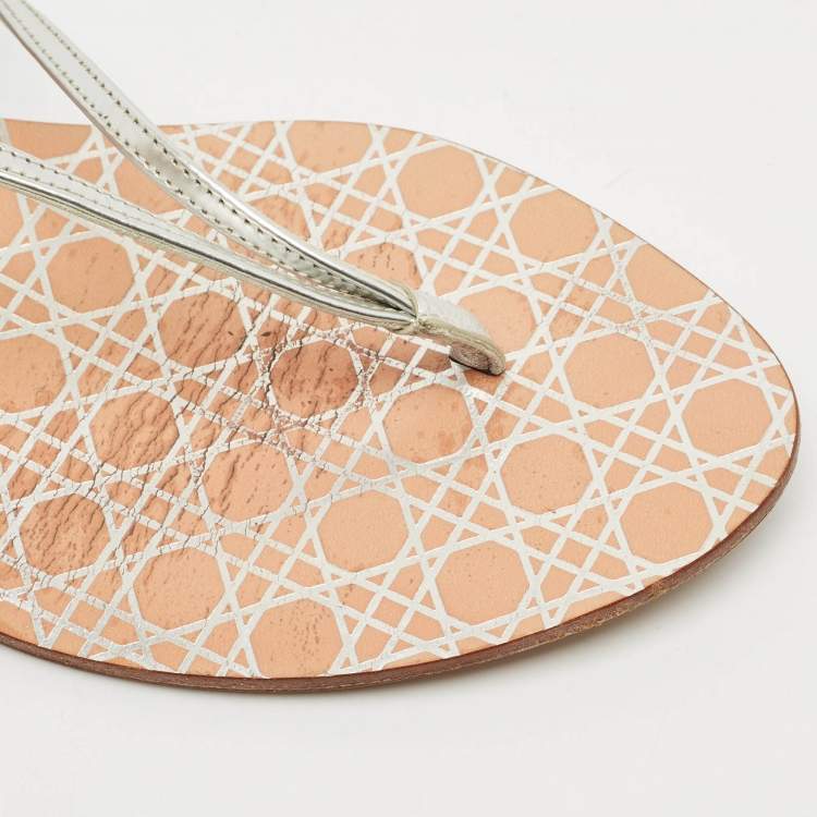 Pre Owned Dior Silver Leather Crystal Embellished Logo Thong Ankle Strap Flat Sandals Size 38