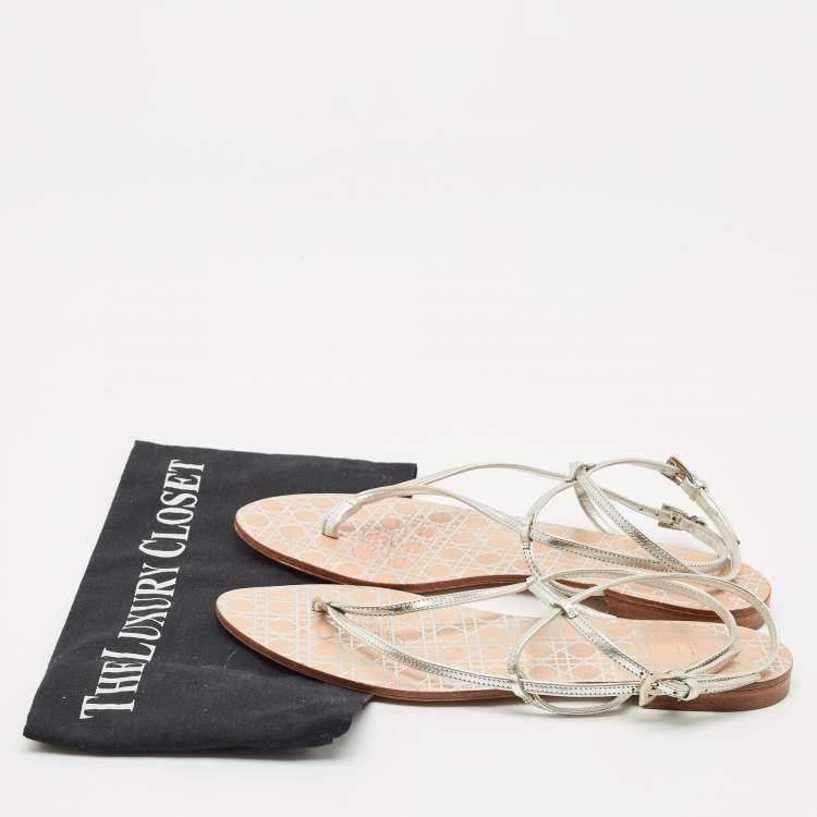 Pre Owned Dior Silver Leather Crystal Embellished Logo Thong Ankle Strap Flat Sandals Size 38