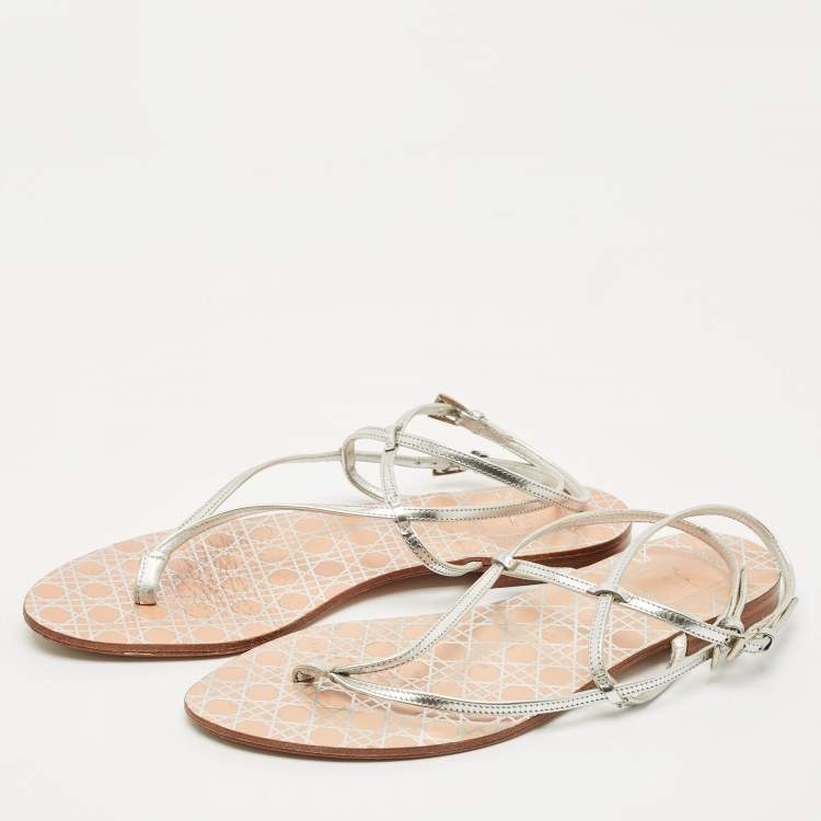 Pre Owned Dior Silver Leather Crystal Embellished Logo Thong Ankle Strap Flat Sandals Size 38