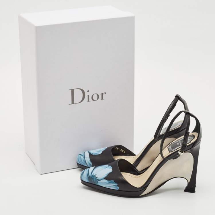 Pre Owned Dior Black Floral Print Leather Optique Wedge Ankle Strap Sandals Size 38.5