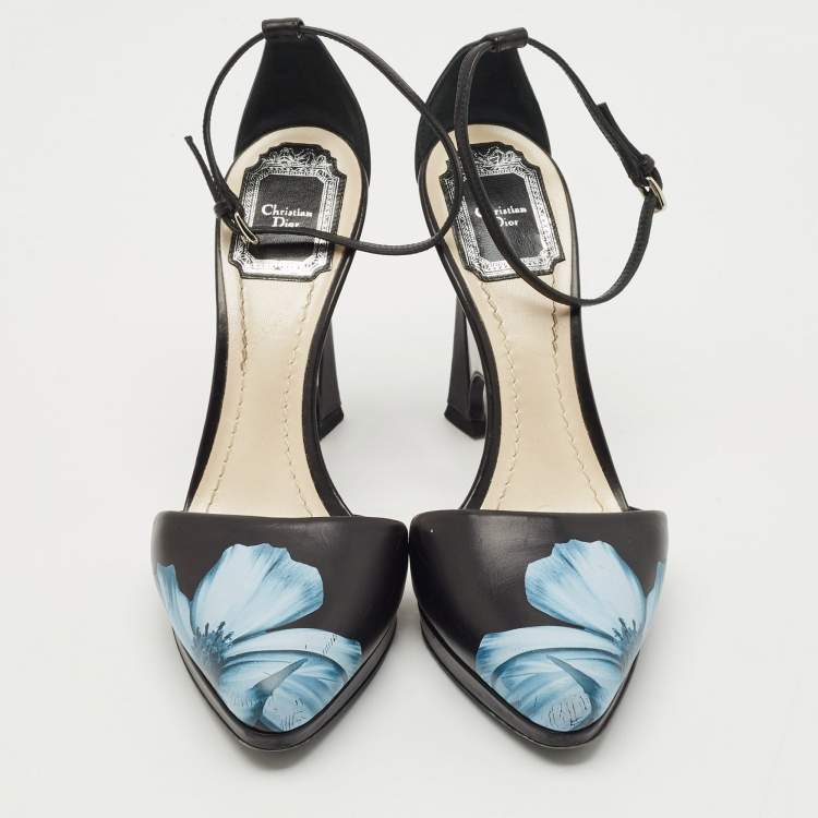 Pre Owned Dior Black Floral Print Leather Optique Wedge Ankle Strap Sandals Size 38.5