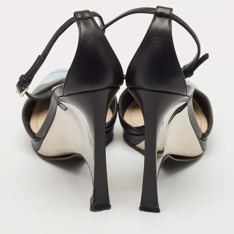Pre Owned Dior Black Floral Print Leather Optique Wedge Ankle Strap Sandals Size 38.5