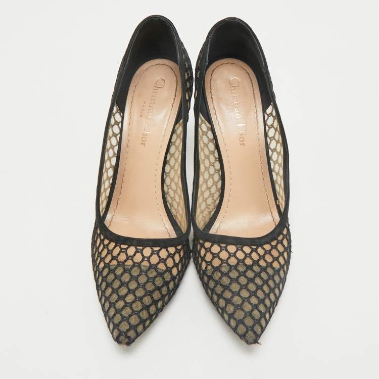 Pre Owned Dior Black/Beige Lace and Mesh Pointed Toe Pumps Size 38