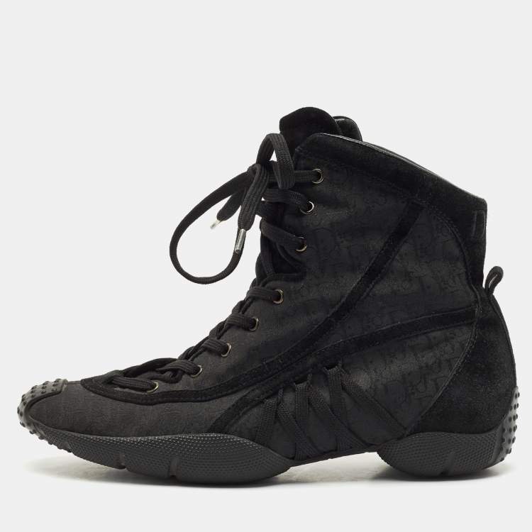 Pre Owned Dior Black Oblique Canvas and Suede High Top Sneakers Size 36