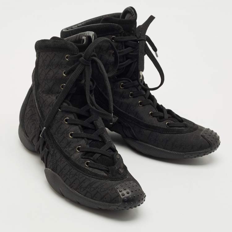Pre Owned Dior Black Oblique Canvas and Suede High Top Sneakers Size 36