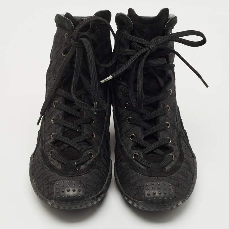 Pre Owned Dior Black Oblique Canvas and Suede High Top Sneakers Size 36