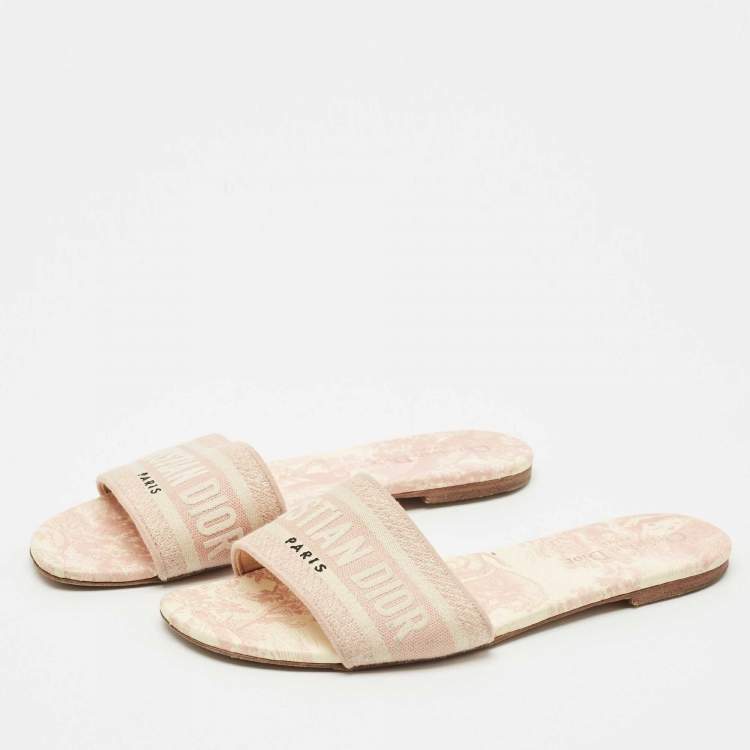 Pre Owned Dior Pink/Cream Embroidered Canvas Dway Flat Slides Size 40.5