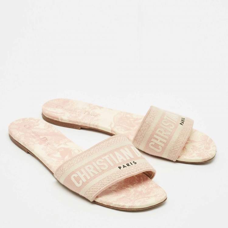 Pre Owned Dior Pink/Cream Embroidered Canvas Dway Flat Slides Size 40.5