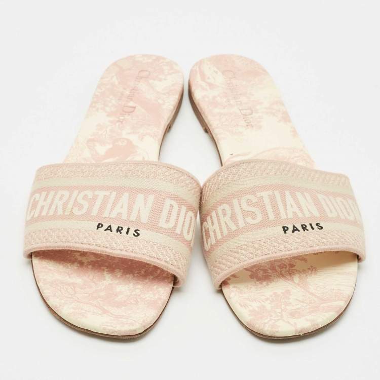 Pre Owned Dior Pink/Cream Embroidered Canvas Dway Flat Slides Size 40.5