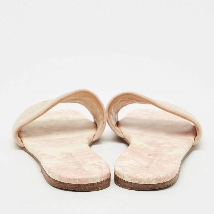 Pre Owned Dior Pink/Cream Embroidered Canvas Dway Flat Slides Size 40.5