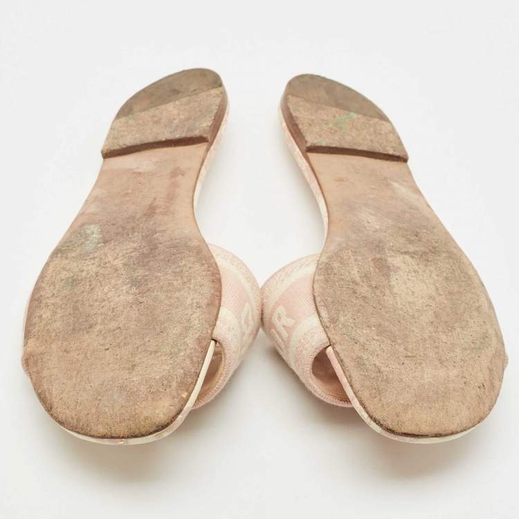 Pre Owned Dior Pink/Cream Embroidered Canvas Dway Flat Slides Size 40.5