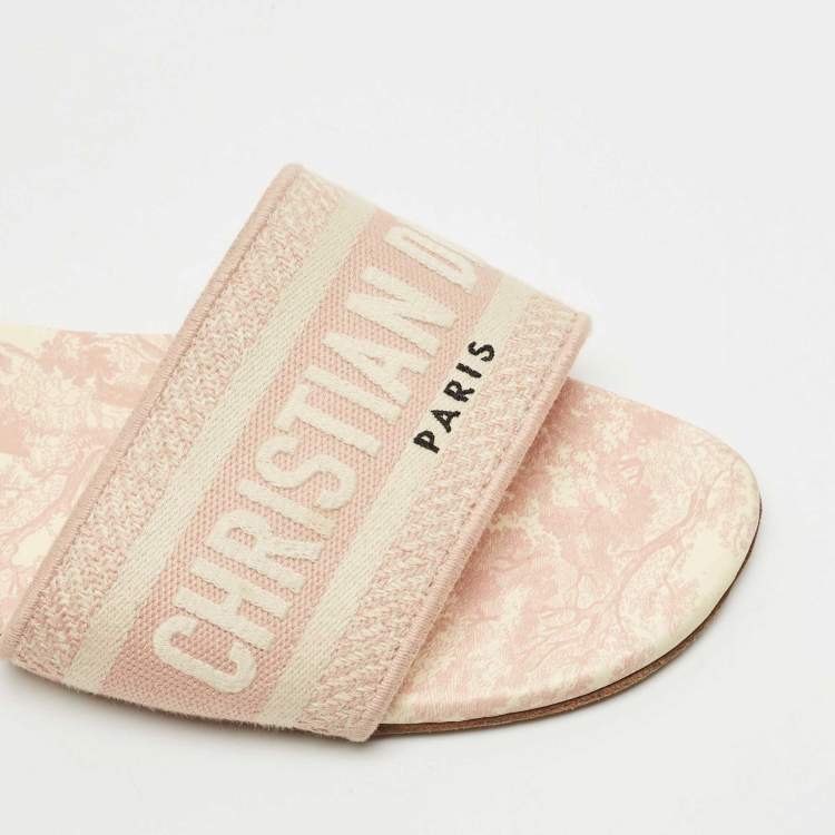 Pre Owned Dior Pink/Cream Embroidered Canvas Dway Flat Slides Size 40.5