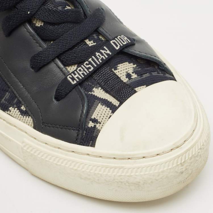 Pre Owned Dior Navy Blue/White Oblique Knit Fabric And Leather Walk'n'Dior High Top Sneakers Size 37.5
