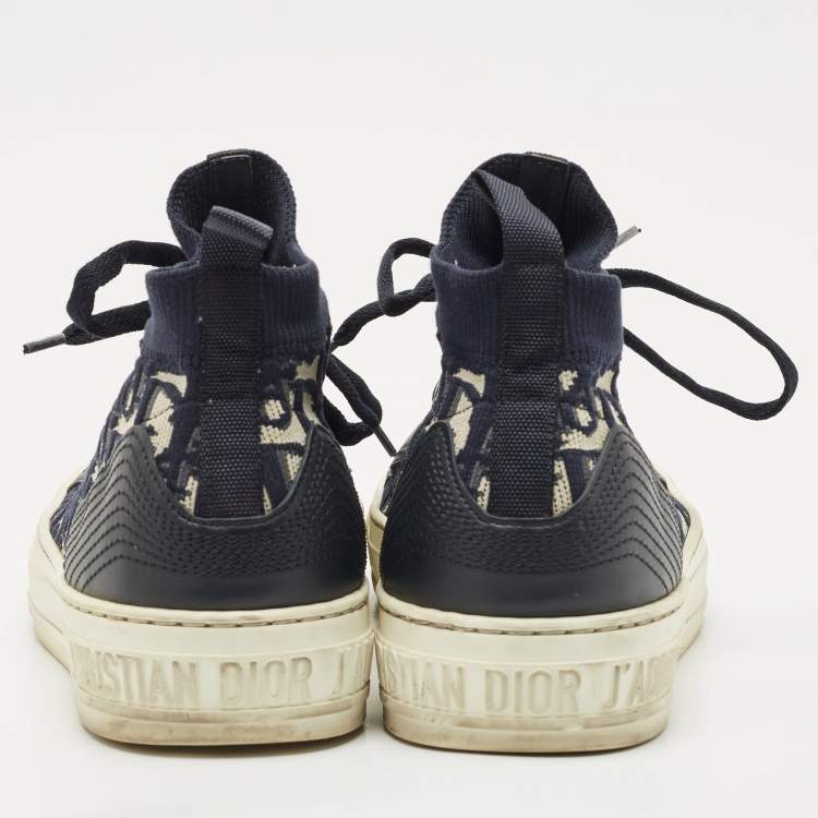 Pre Owned Dior Navy Blue/White Oblique Knit Fabric And Leather Walk'n'Dior High Top Sneakers Size 37.5