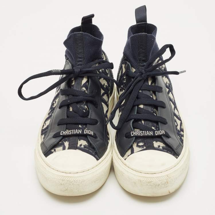 Pre Owned Dior Navy Blue/White Oblique Knit Fabric And Leather Walk'n'Dior High Top Sneakers Size 37.5