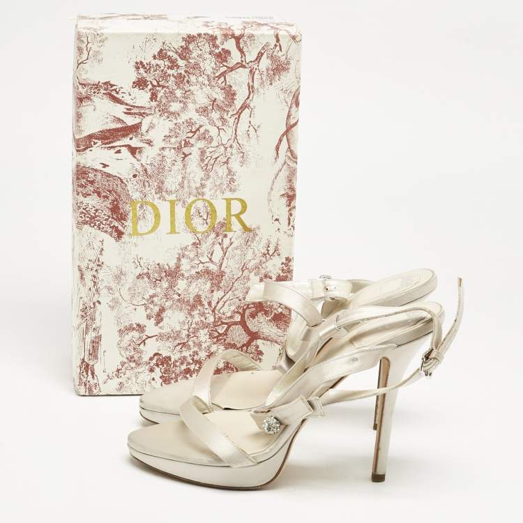 Pre Owned Dior Off White Satin Crystals Bow Ankle Strap Sandals Size 38