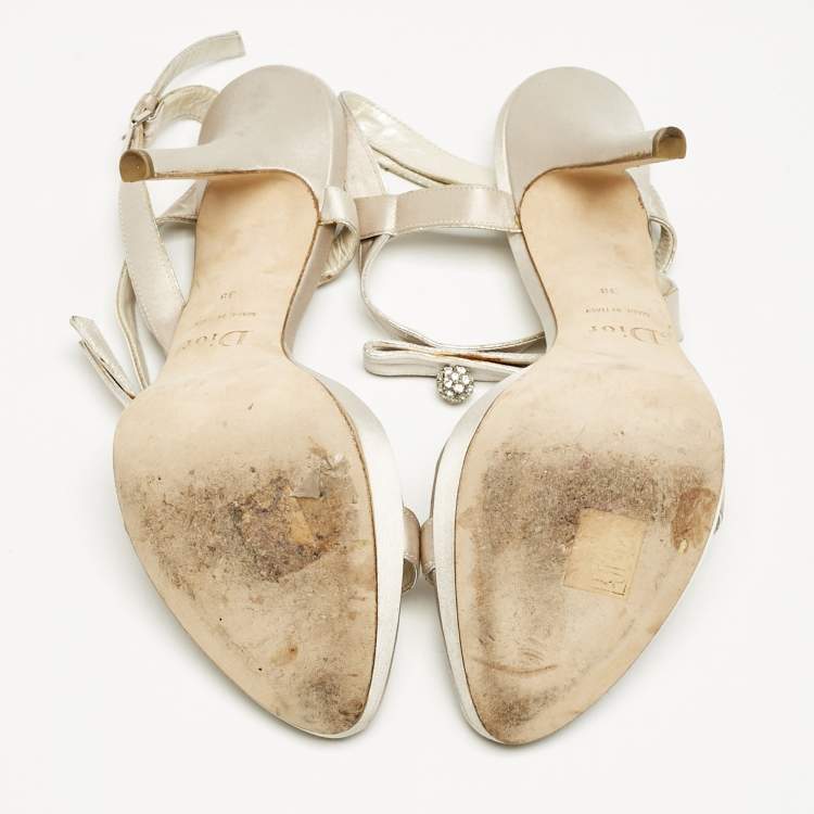 Pre Owned Dior Off White Satin Crystals Bow Ankle Strap Sandals Size 38