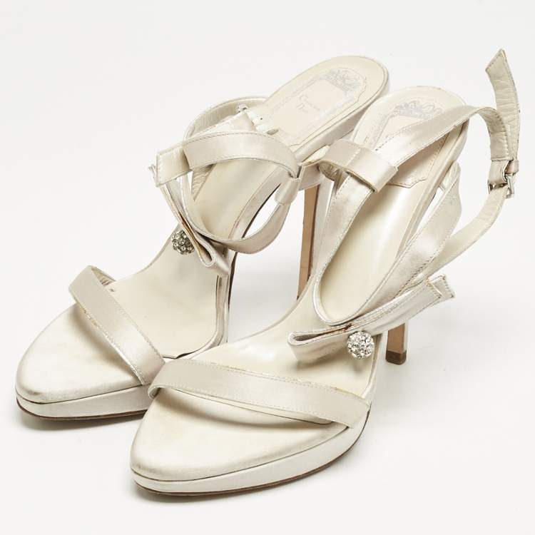 Pre Owned Dior Off White Satin Crystals Bow Ankle Strap Sandals Size 38