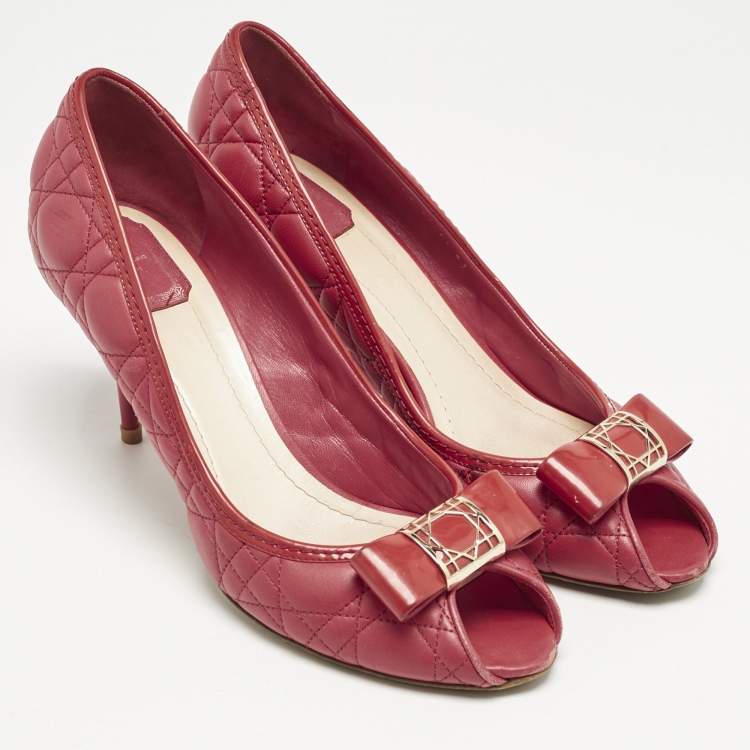 Pre Owned Dior Red Cannage Leather Bow Detail Peep Toe Pumps Size 41