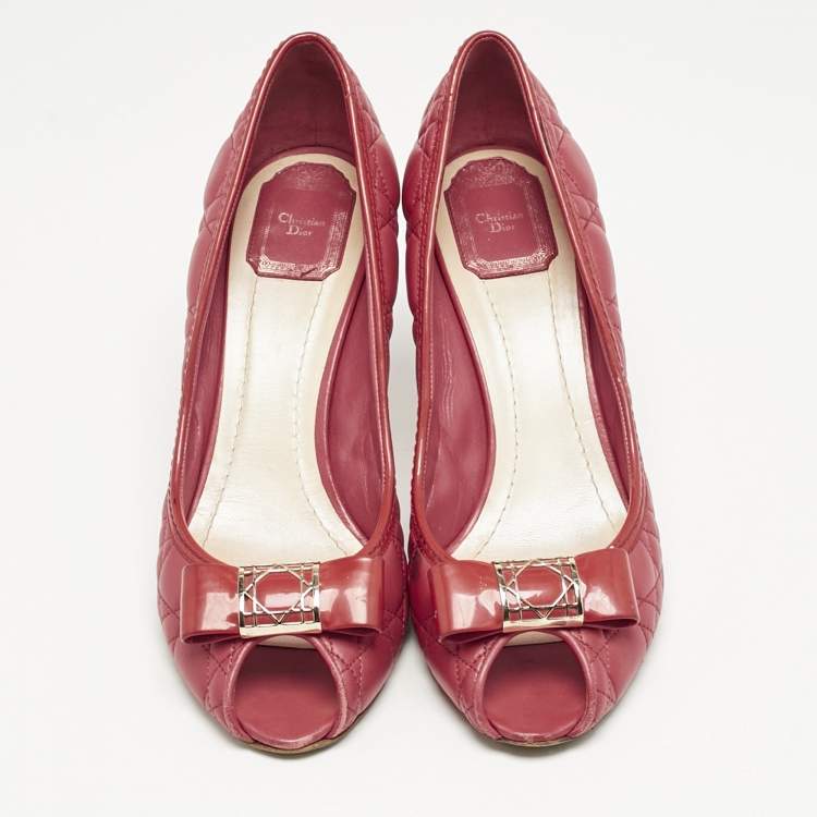 Pre Owned Dior Red Cannage Leather Bow Detail Peep Toe Pumps Size 41
