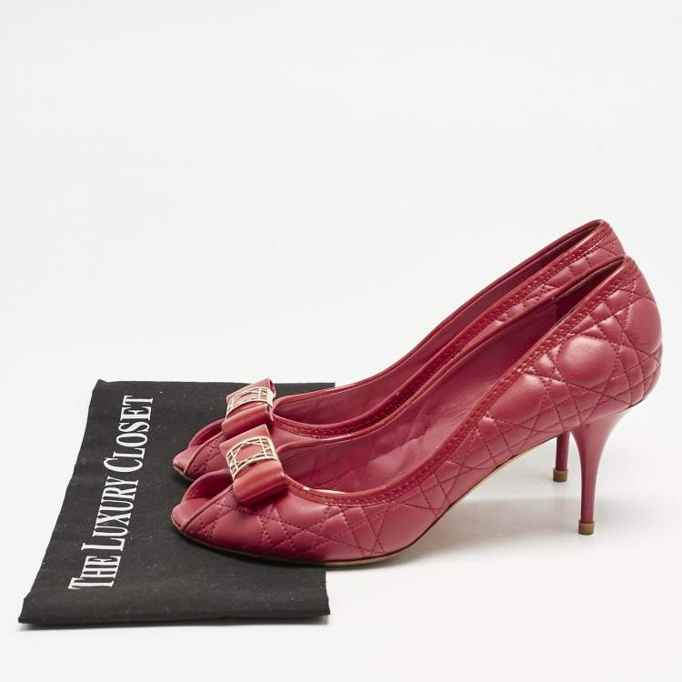 Pre Owned Dior Red Cannage Leather Bow Detail Peep Toe Pumps Size 41