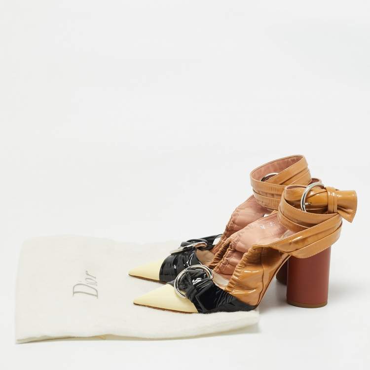 Pre Owned Dior Tri Color Patent Leather Conquest Ankle Wrap Sandals Size 37.5