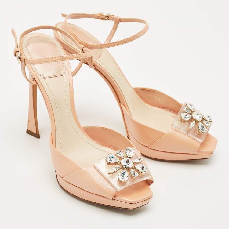 Pre Owned Dior Beige/Transparent  Leather Crystal Embellished Ankle Strap Sandals Size 37