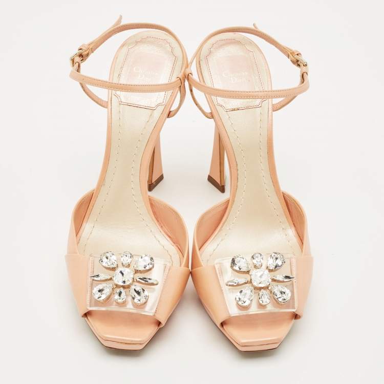 Pre Owned Dior Beige/Transparent  Leather Crystal Embellished Ankle Strap Sandals Size 37