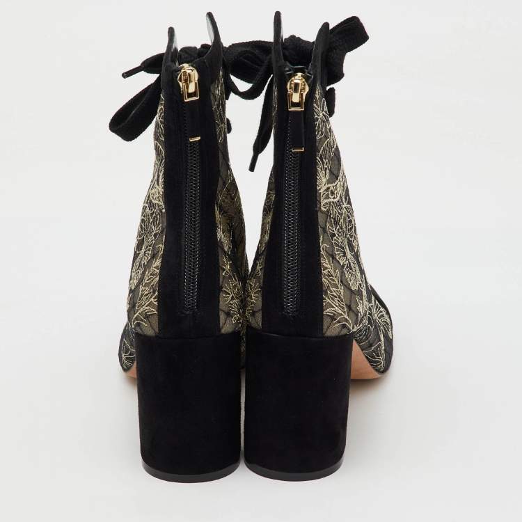 Pre Owned Dior Black/Beige Suede and Mesh Embroidered Naughtily-D Ankle Boots Size 40