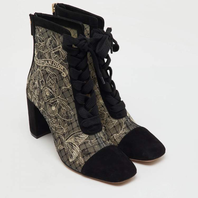 Pre Owned Dior Black/Beige Suede and Mesh Embroidered Naughtily-D Ankle Boots Size 40