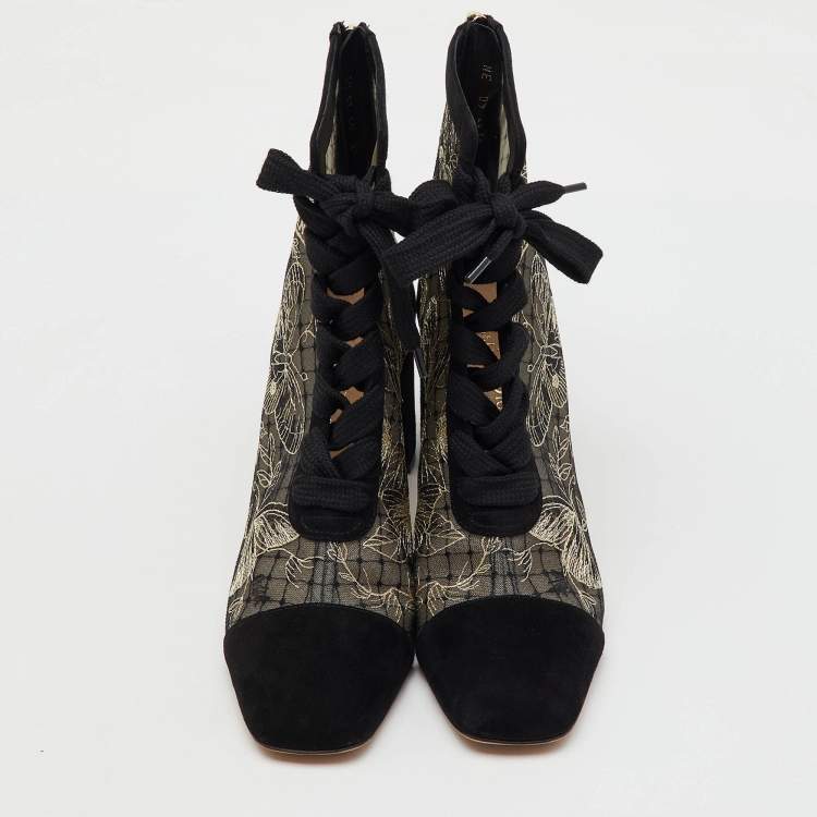 Pre Owned Dior Black/Beige Suede and Mesh Embroidered Naughtily-D Ankle Boots Size 40