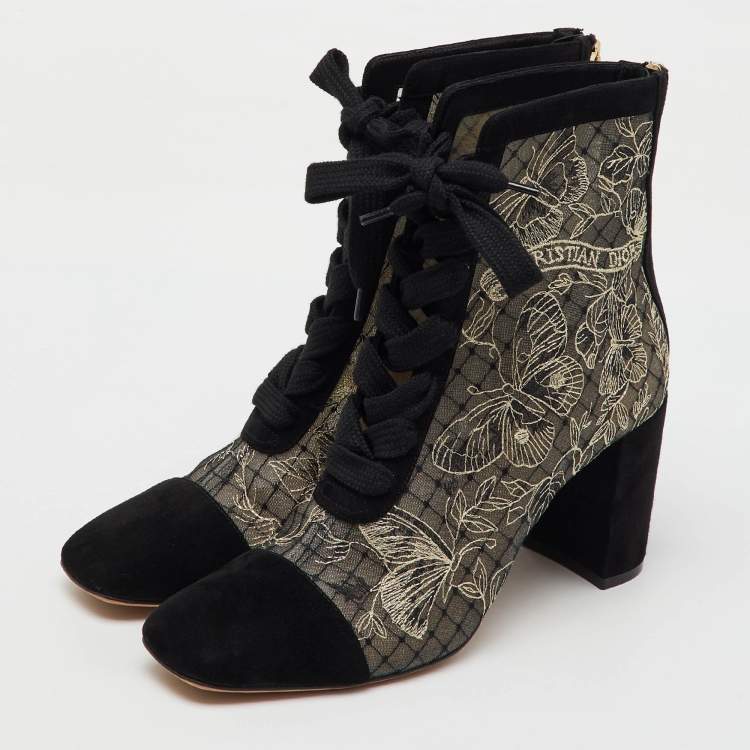 Pre Owned Dior Black/Beige Suede and Mesh Embroidered Naughtily-D Ankle Boots Size 40