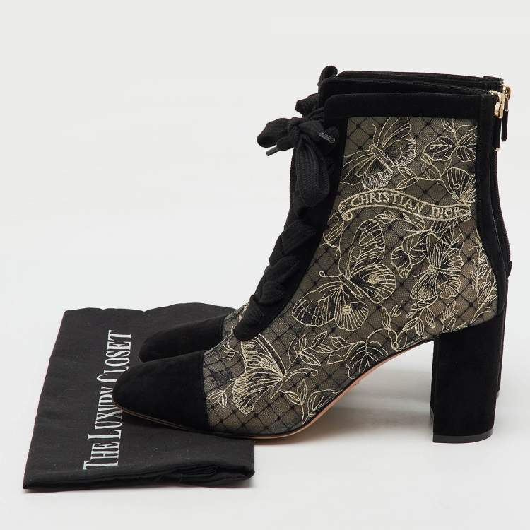 Pre Owned Dior Black/Beige Suede and Mesh Embroidered Naughtily-D Ankle Boots Size 40