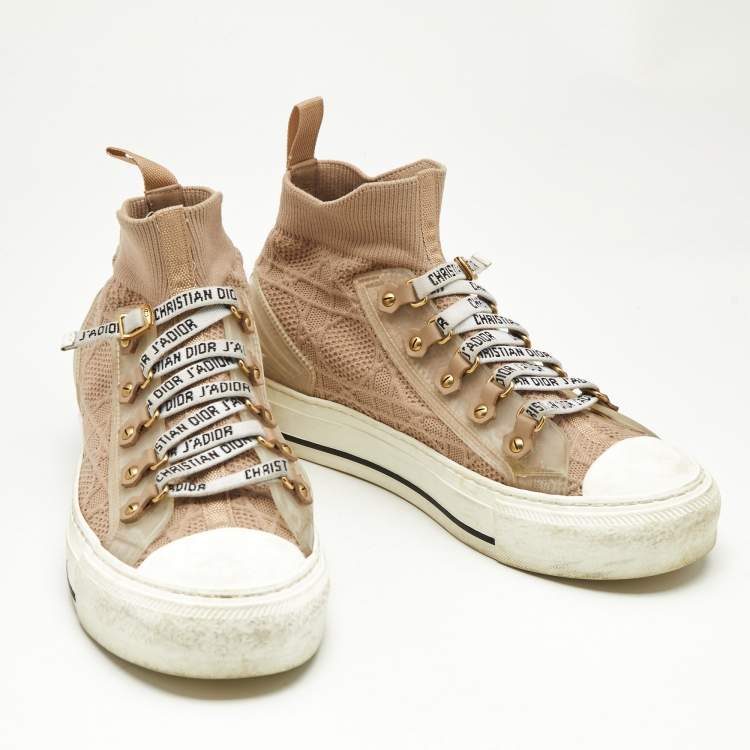 مملوكة مسبقًا Dior Beige Knit Fabric Walk'n'Dior High Top Sneakers Size 36