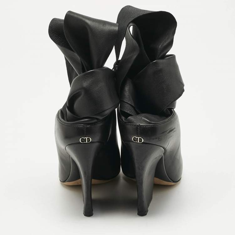 Pre Owned Dior Black Leather Ankle Tie Up Mules Size 37.5
