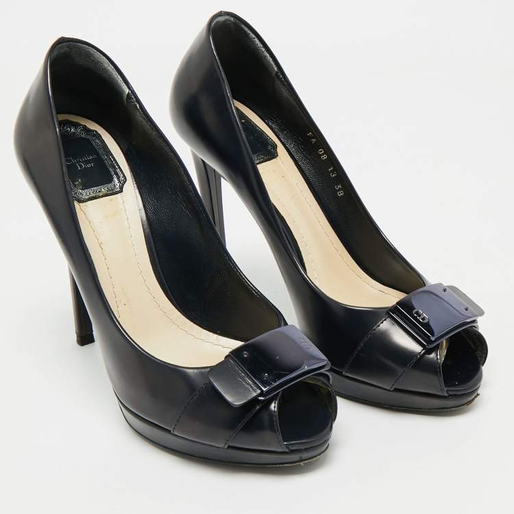 Pre Owned Dior Navy Blue Leather Logo Plaque Peep Toe Pumps Size 38