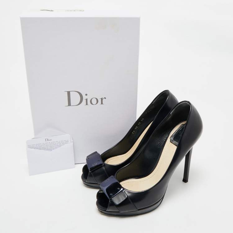Pre Owned Dior Navy Blue Leather Logo Plaque Peep Toe Pumps Size 38