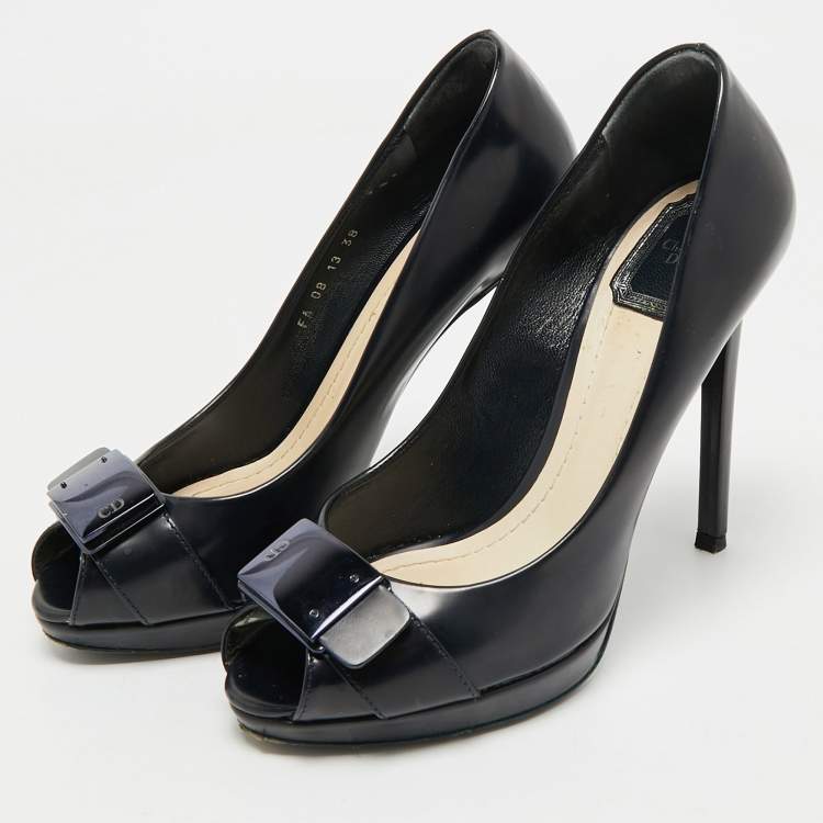 Pre Owned Dior Navy Blue Leather Logo Plaque Peep Toe Pumps Size 38