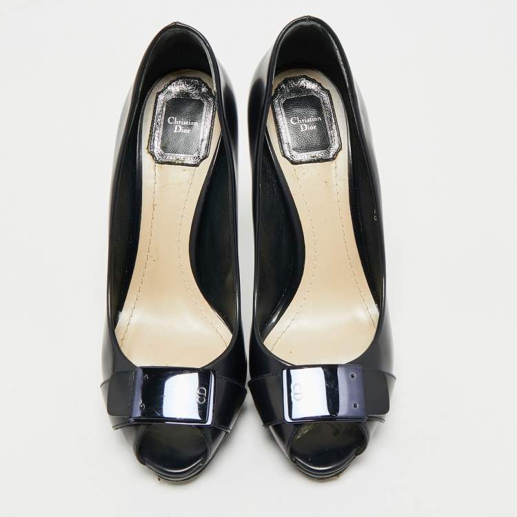 Pre Owned Dior Navy Blue Leather Logo Plaque Peep Toe Pumps Size 38