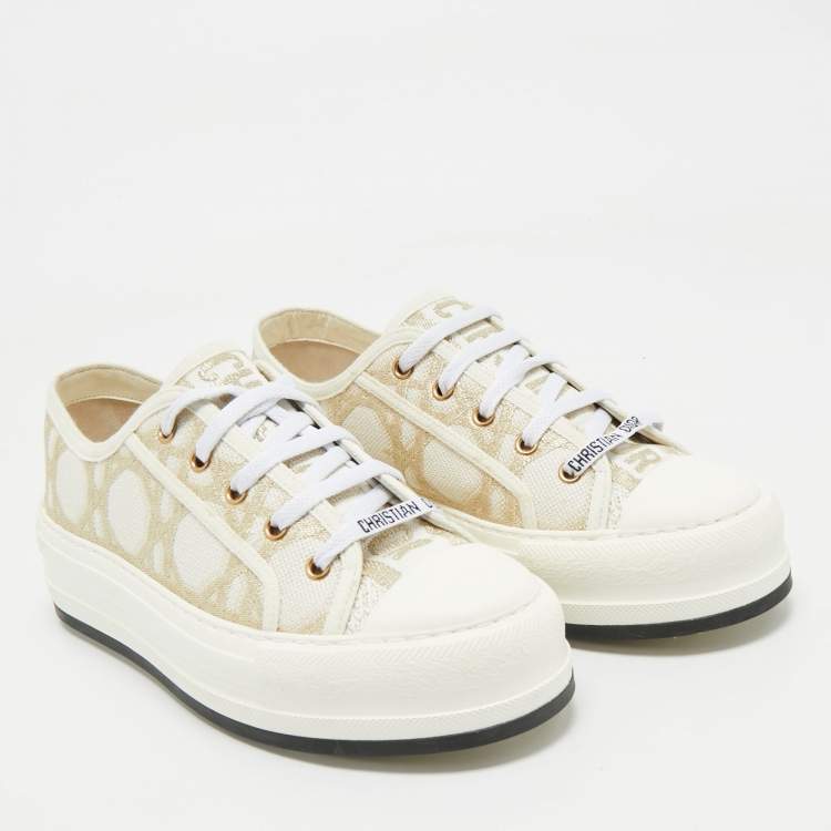 Pre Owned Dior Off White/Gold Macro Cannage Canvas Walk'n'Dior Sneakers Size 39.5