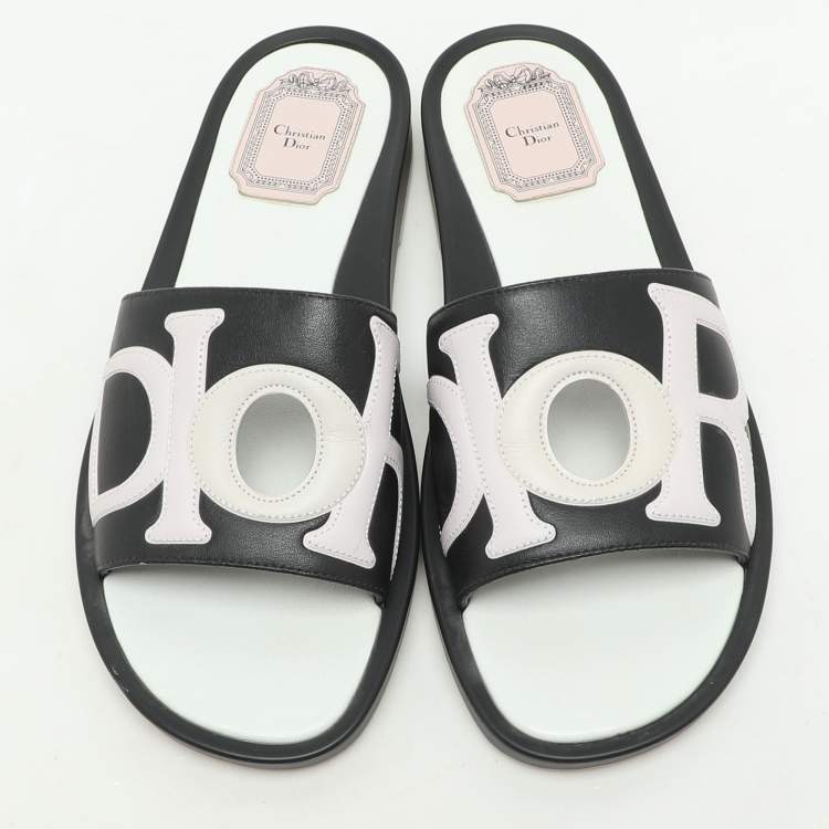 Pre Owned Dior Black/Light Pink Leather Marina Flat Slides Size 38