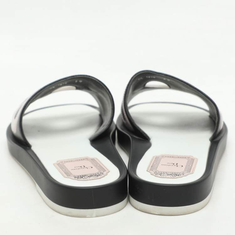Pre Owned Dior Black/Light Pink Leather Marina Flat Slides Size 38