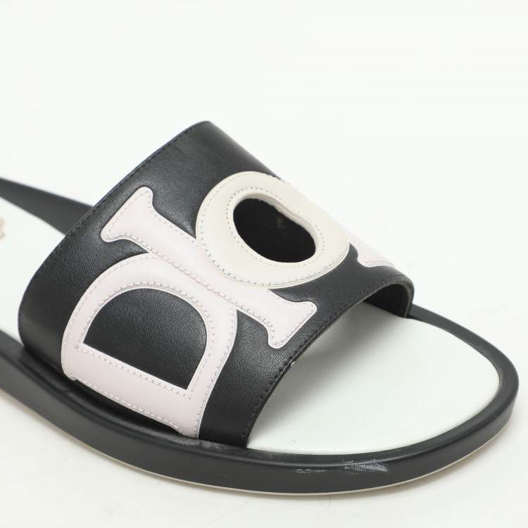 Pre Owned Dior Black/Light Pink Leather Marina Flat Slides Size 38