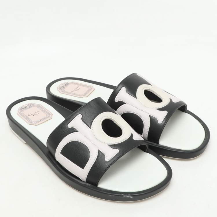 Pre Owned Dior Black/Light Pink Leather Marina Flat Slides Size 38