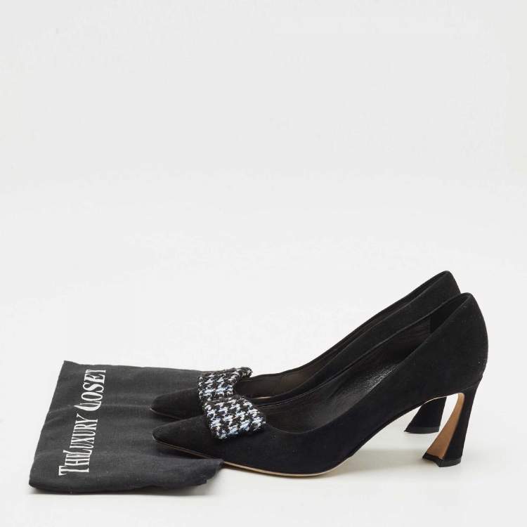 Pre Owned Dior Black/White Suede Houndstooth Buckle Pointed Toe Pumps Size 37.5
