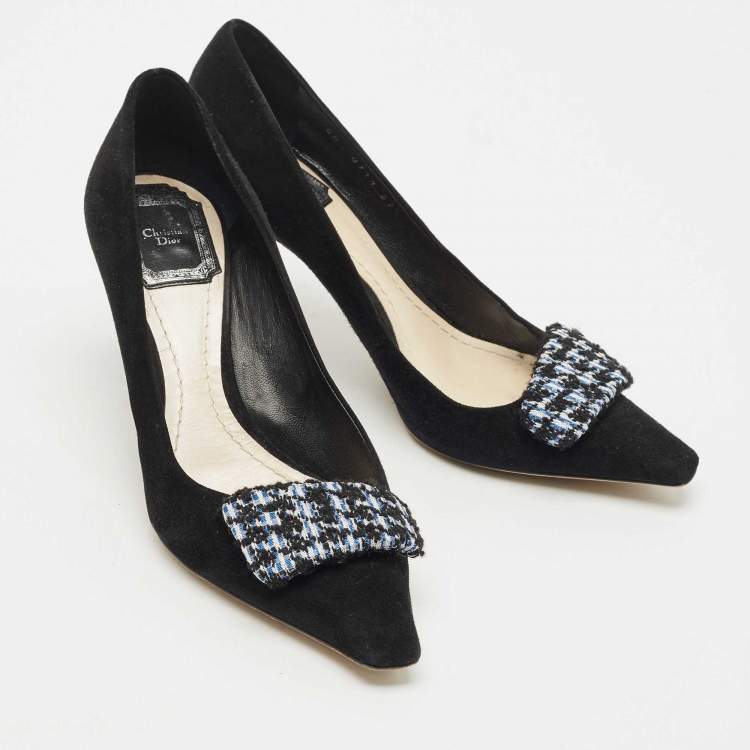 Pre Owned Dior Black/White Suede Houndstooth Buckle Pointed Toe Pumps Size 37.5