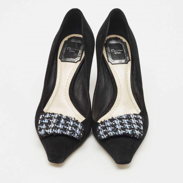 Pre Owned Dior Black/White Suede Houndstooth Buckle Pointed Toe Pumps Size 37.5